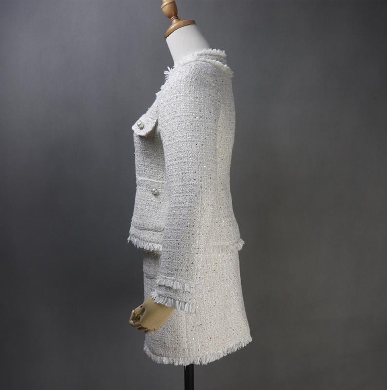 White Jacket Coat Blazer+Shorts/Skirts/Trousers for Women's CUSTOM MADE Sequinned vintage Buckle