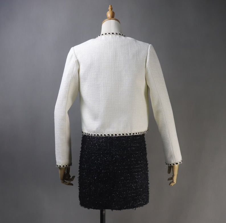 Women's Tailor MADE White Trim Short Suit/Skirt *Custom Made* UK CUSTOMER SERVICE! Women's Tailor MADE White Trim Short Suit/Skirt - V neck design with pockets. Suits and Coat have unique style. Can worn for inauguration, party ,wedding , events and ceremonies. We offer Shorts, Skirts, Trousers for the suit. Our tailor will make as per customer requirement like with pocket, sleeveless, without pocket etc.