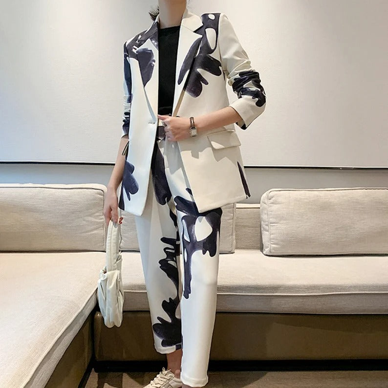 Women Abstract Pattern Jacket Loose Fit Blazer + Trousers Suit