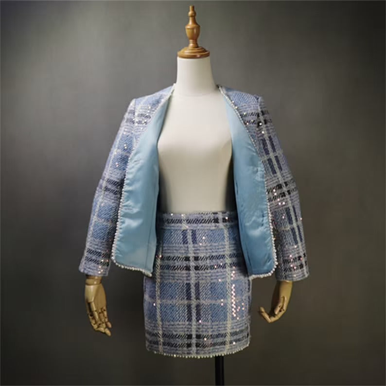 Women's Sequined Blue Check Tweed Suits And Coat UK CUSTOMER SERVICE! Women's Sequined Blue Check Tweed Suits And Coat - Sequined Suits and Coat have unique style. We offer Shorts, Skirts, Trousers for the suit. Our tailor will make as per customer requirement like with pocket, sleeveless, without pocket etc. All items are made to order with very experienced tailors. Please advise your height, weight and body measurements