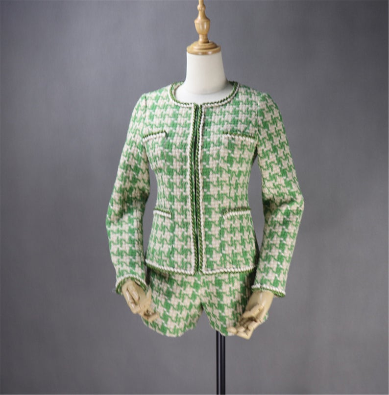 CUSTOM MADE Hounds tooth Tweed Jacket Coat Blazer + Skirt/ Shorts Suit Green