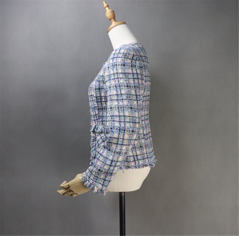 Women CUSTOM Blazer Tweed Checked Pattern Blue Jacket Coat Quick International tracking delivery! Women CUSTOM Blazer Tweed Checked Pattern Blue Jacket Coat , it has Golden button with two pockets , can wear it for official use, Casual daily wear, College Inauguration ,it gives more comfort and confident to wear. Blazer for women sharply tailored and effortlessly smart.