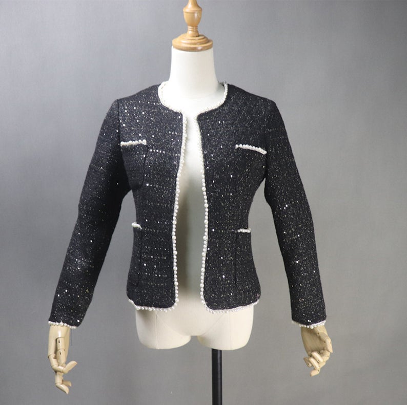 Tailor Made Sequinned Pearls Jacket Coat Blazer UK CUSTOMER SERVICE! Tailor Made Sequinned Pearls Jacket Coat Blazer -We offer Shorts, Skirts, Trousers for the suit. Long Sleeves, two pocket with buttons. Fully Lined and High Quality Garment. Our tailor will make perfect stitch as per customer requirement. Round Neck with long sleeve with pocket can worn for night out , party , evening dinner and wedding function ,ceremony , college inauguration and events.
