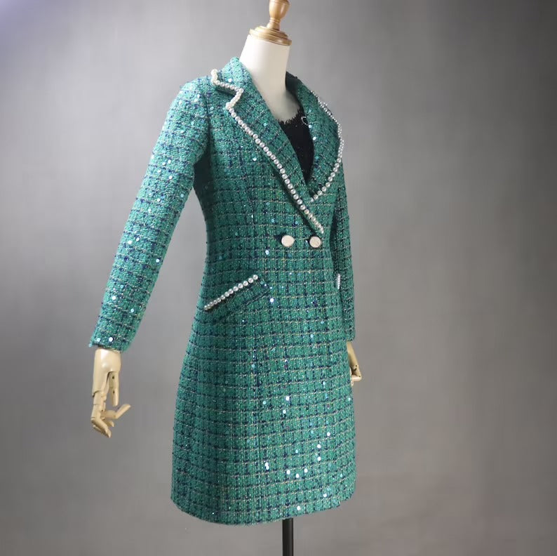 Women's Winter Tailored Sequinned Pearls Decoration Tweed Long Warm Coat - Fashion Pioneer