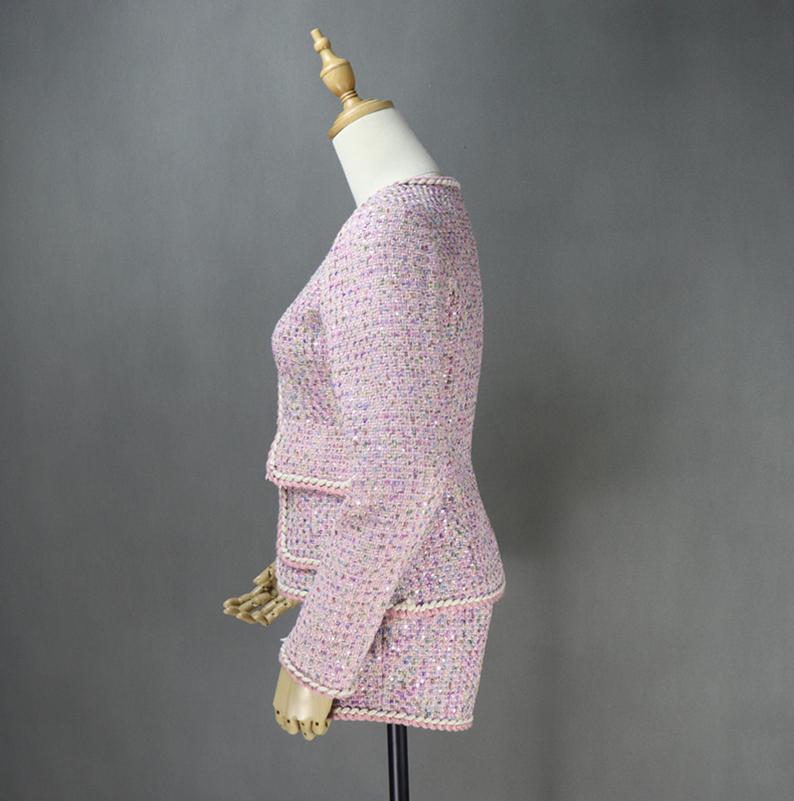 Womens Designer Inspired Big Pockets Custom Made Sequined Tweed Shorts/Skirt Suit Pink