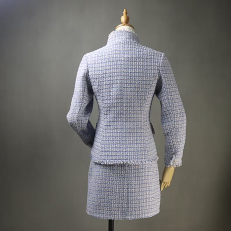 High Neck Pearl Buttons Blue Tweed Suit For Women UK CUSTOMER SERVICE! High Neck Pearl Buttons Blue Tweed Suit For Women - Our tailor will make as per customer requirement like with pocket, sleeveless, without pocket etc. Suit is design with tweed fabric, its unique style and can worn for party, night out, ceremony , inauguration and Functions. Designed with High neck and Pearl Buttons.