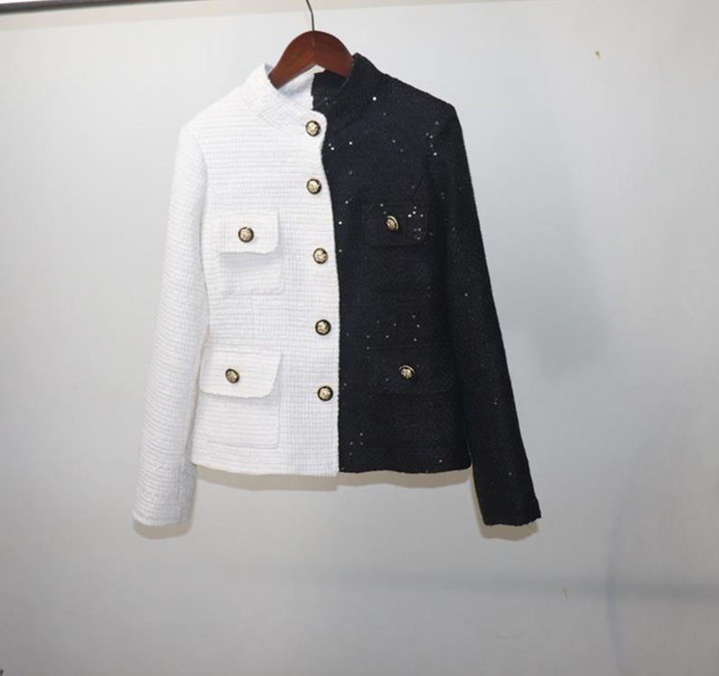 Women's Designer Inspired CUSTOM MADE Hand Made Sequined Tweed High Neck Jacket Coat Blazer + Skirt - Fashion Pioneer