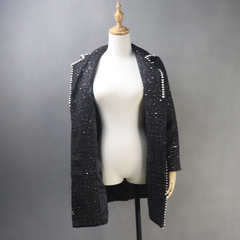ailor Made Tweed Pearls Black Blazer Mid Length / Long Sequinned Coat for Women UK CUSTOMER SERVICE! Tailor Made Tweed Pearls Black Blazer Mid Length / Long Sequinned Coat for Women, can worn for ceremony, inauguration and official use. Its no machine washable, dry cleaning and feel more comfort to wear. All items are made to order. Please advise your height, weight and body measurements ( Bust, shoulder, Sleeves, Waist and Length etc). Our tailors will make the order for you! HandMade Materials: Tweed