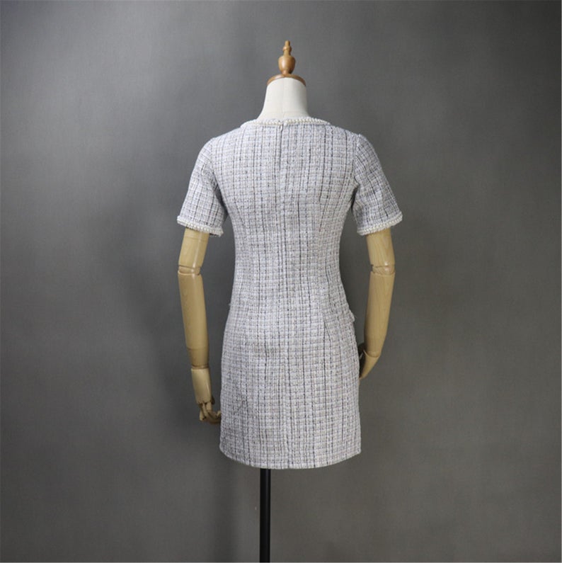 Women's Custom Made Hand Sewn Pearls Fitted Tweed Dress with Pockets UK CUSTOMER SERVICE! Women's Custom Made Hand Sewn Pearls Fitted Tweed Dress with Pockets, can wear it for ceremony, college inauguration, official use and outside. All items are made to order. Please advise your height, weight and body measurements ( Bust, shoulder, Sleeves, Waist and Length etc). Our tailors will make the order for you! Materials: Tweed