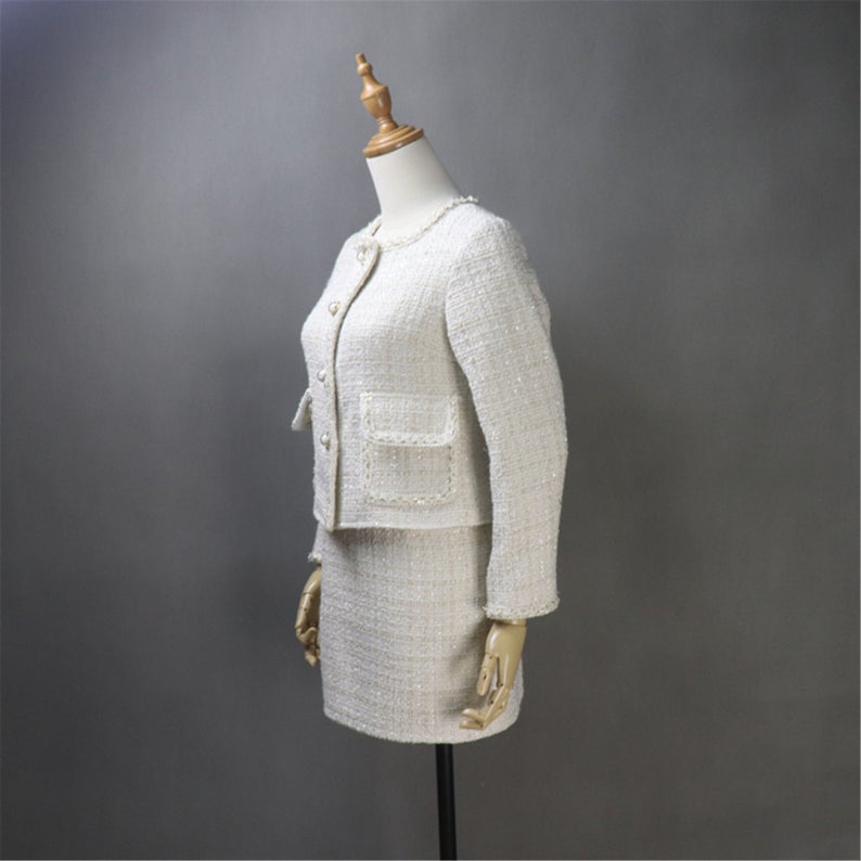 Women's Custom Made Beige Tweed Blazer Coat+ Skirt Suit UK CUSTOMER SERVICE! Women's Custom Made Beige Checked Pattern Tweed Blazer Coat+ Skirt Suit, can wear it for all suitable occasion. This suit with front two pocket, round neck and long sleeves with pearl buttons. Skirt with back zip and our tailor make exact shape and design as per customer requirement. Dry clean and no machine wash.