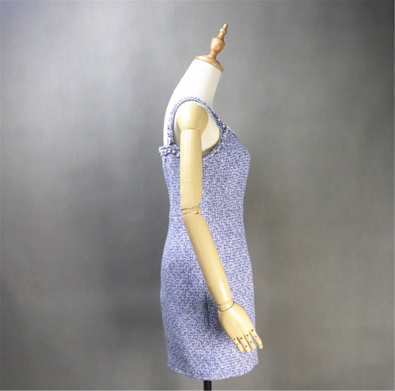 Sheath Custom Made Blue Tweed Mini/ Midi Dress UK CUSTOMER SERVICE! Sheath Custom Made Blue Tweed Mini/ Midi Dress, This sweet and simple sleeveless dress will be perfect for hot days thanks to its comfortable stylish cut and soft linen-rich texture. It has a loose cut for a casual and feminine look. You can cover with suitable jacket or cardigan or with sleeveless.