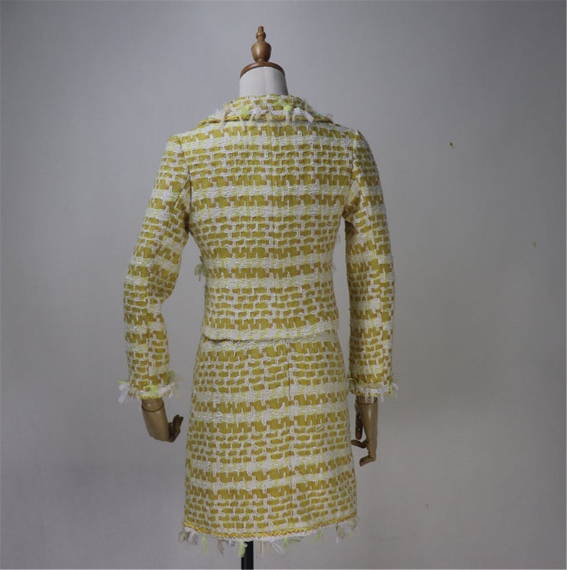 Womens Designer Inspired Custom Made Yellow Tweed Blazer + Skirt Suit