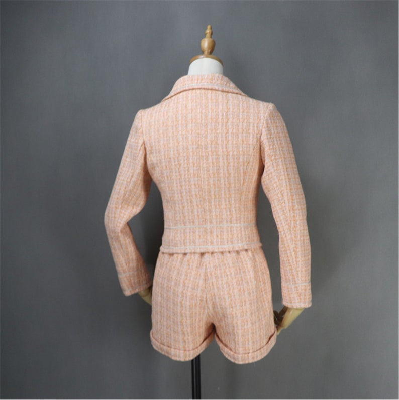 Hand Made Light Orange Custom Made Tweed Shorts/Skirt Suit