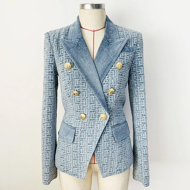 Fashion Pioneer - Blue Maze Pattern Fitted Blazer Jacket For Women , Soft, light and stretchy. This jacket comes with a full lining, soft and comfortable to Wear. Material: Polyester ,Slim fit and long Sleeves with buttons and two pockets. Great for casual, formal, business wear and other special events. Whether for a casual or a professional look, this suit blazer definitely makes you stunning.