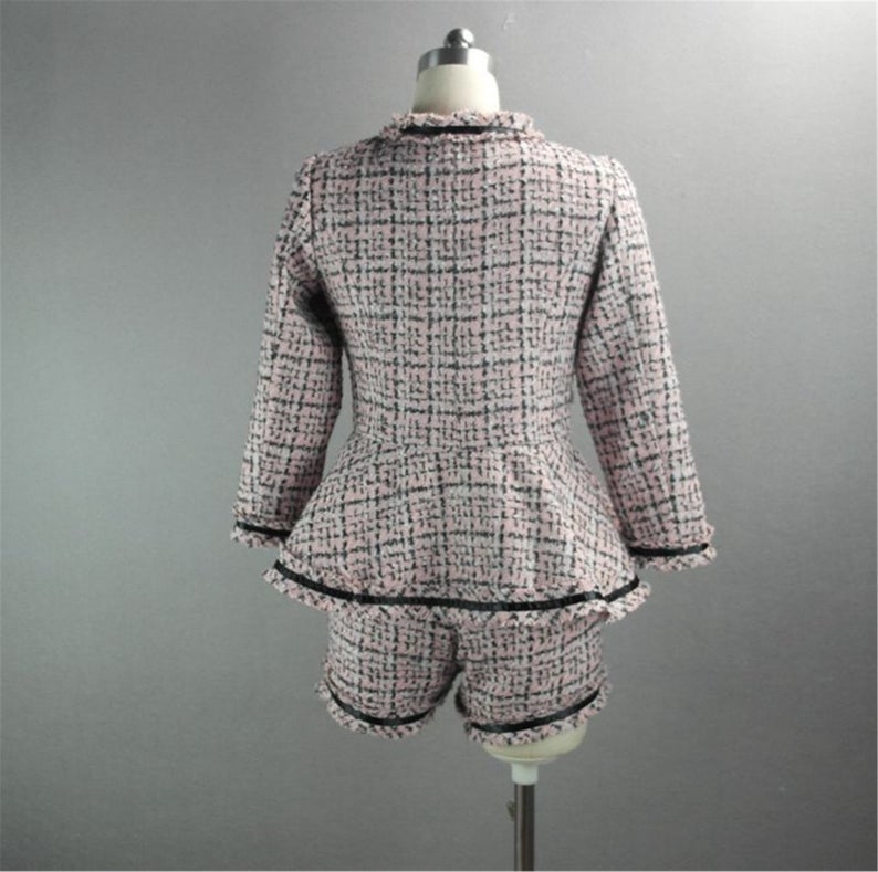 Women's Designer Inspired CUSTOM MADE Hand Made Checked Tweed Jacket Coat Blazer + Shorts Pink