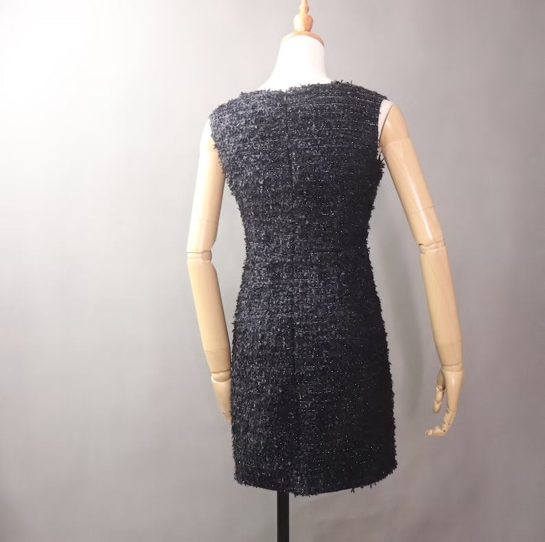 Women Custom Made Bow Decoration Tweed Sheath Dress Black - Fashion Pioneer
