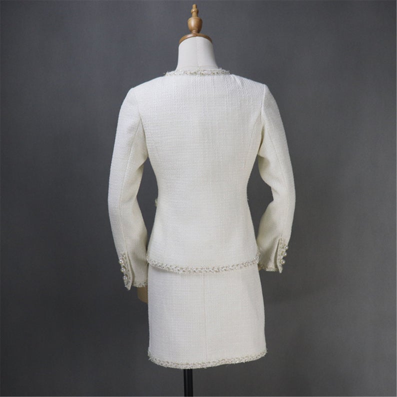 Custom Made Golden Sparkle Trim Tweed Skirt Suit White