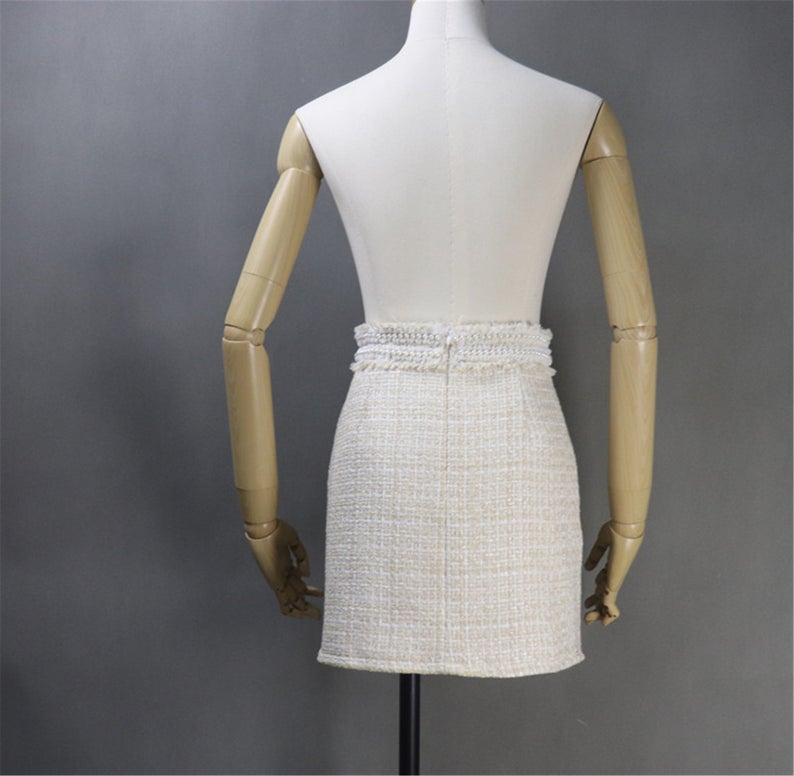 Women CUSTOM Made Tweed Pearl Decoration Beige Mini/ Midi Skirt - Fashion Pioneer
