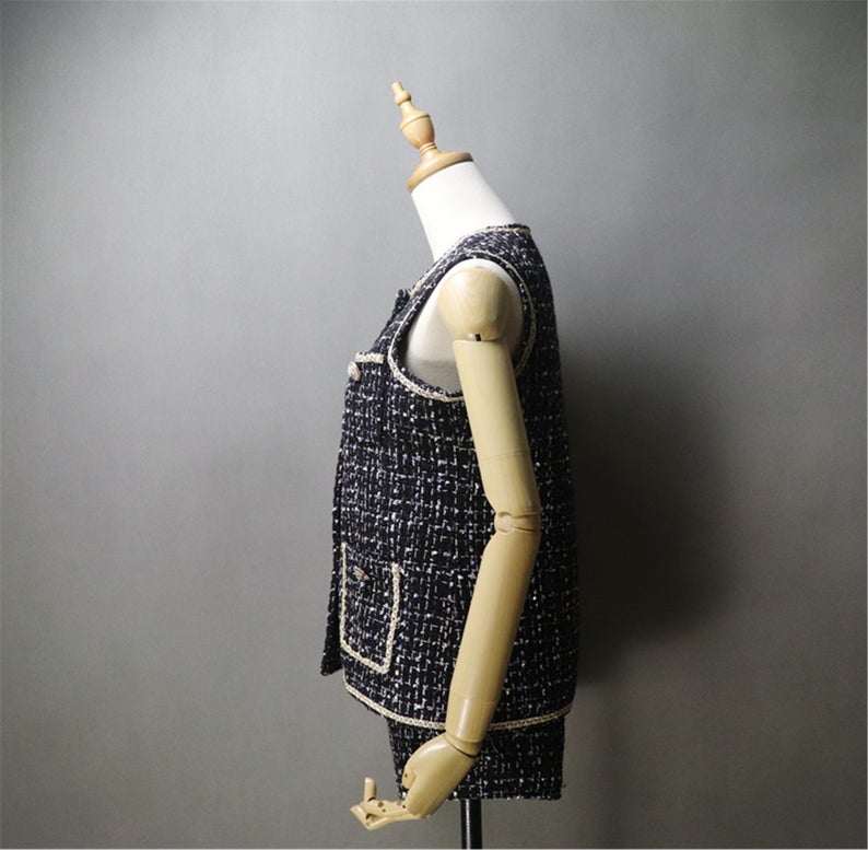 Women's gilet Asymmetric Trim Pockets Tweed Vest + Shorts - Fashion Pioneer