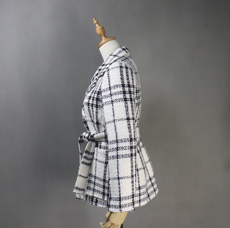 Tweed Checked Double Breasted Coat White *Customized Size* UK CUSTOMER SERVICE! Tweed Checked Double Breasted Coat White - This is front pocket with pearl button and front tie belt, Long Sleeves, sliver lined with black and white checked tweed fabric. Can worn winter time , outside and autumn season.