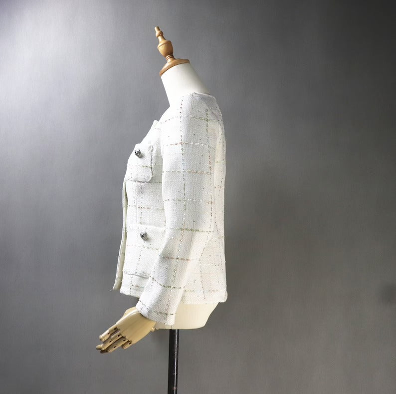 Women's Tailor MADE Check White Blazer *Custom Made* UK CUSTOMER SERVICE! Women's Tailor MADE Check White Blazer - Checked white tweed design with pockets. Suits and Coat have unique style. Can worn for inauguration, party ,wedding , events and ceremonies. We offer Shorts, Skirts, Trousers for the suit. Our tailor will make as per customer requirement like with pocket, sleeveless, without pocket etc.