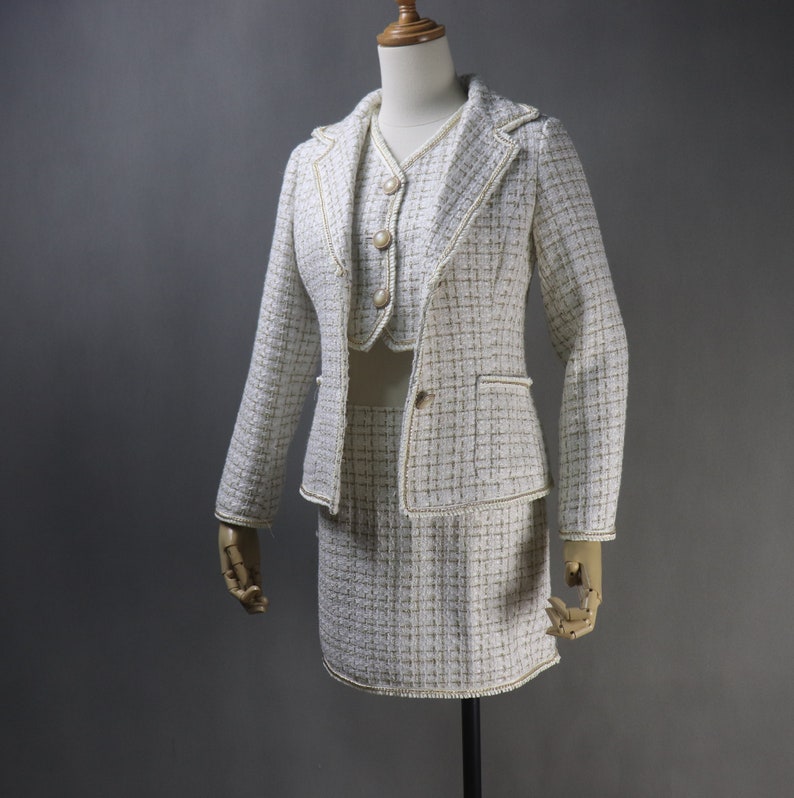 Fashion Pioneer Women's CUSTOM MADE Beige Tweed Jacket Coat Blazer + Crop Vest + Skirts 3 Pieces UK CUSTOMER SERVICE! CUSTOM MADE Blazer + Shorts/Skirts/Trousers Sequinned Jacket Coat for Women, Can worn for ceremony, Inauguration , Party, Night Out and Evening Friends with Dinner. No Machin washable. We offer Shorts, Skirts, Trousers for the suit.