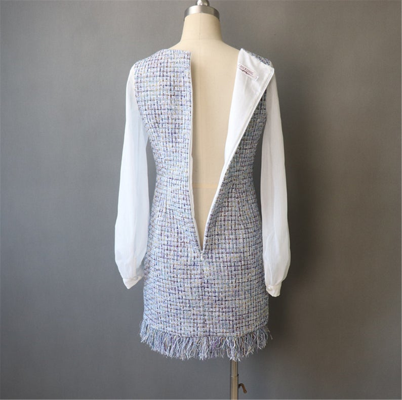Womens Designer Inspired Custom Made Long Sleeves Tweed Dress Blue