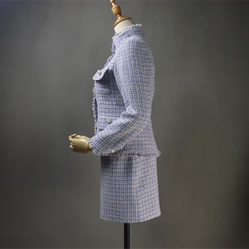 High Neck Pearl Buttons Blue Tweed Suit For Women UK CUSTOMER SERVICE! High Neck Pearl Buttons Blue Tweed Suit For Women - Our tailor will make as per customer requirement like with pocket, sleeveless, without pocket etc. Suit is design with tweed fabric, its unique style and can worn for party, night out, ceremony , inauguration and Functions. Designed with High neck and Pearl Buttons.