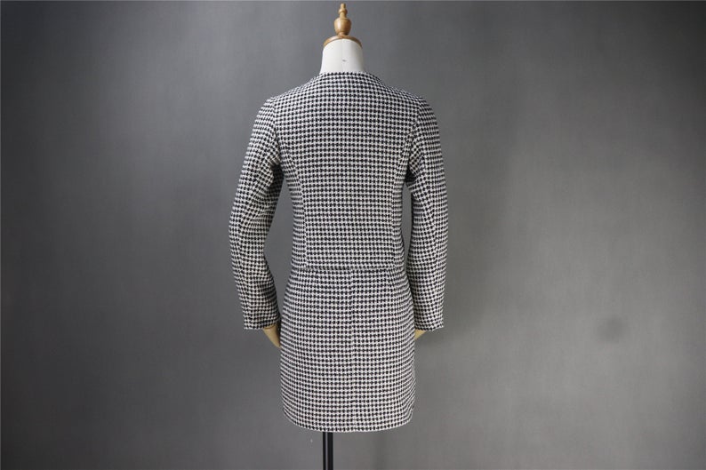 Custom Made Tweed Squire Neck Small Check Blazer + Skirt Suit