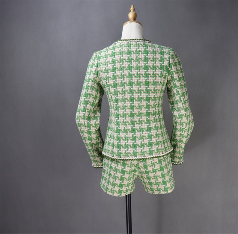 CUSTOM MADE Hounds tooth Tweed Jacket Coat Blazer + Skirt/ Shorts Suit Green