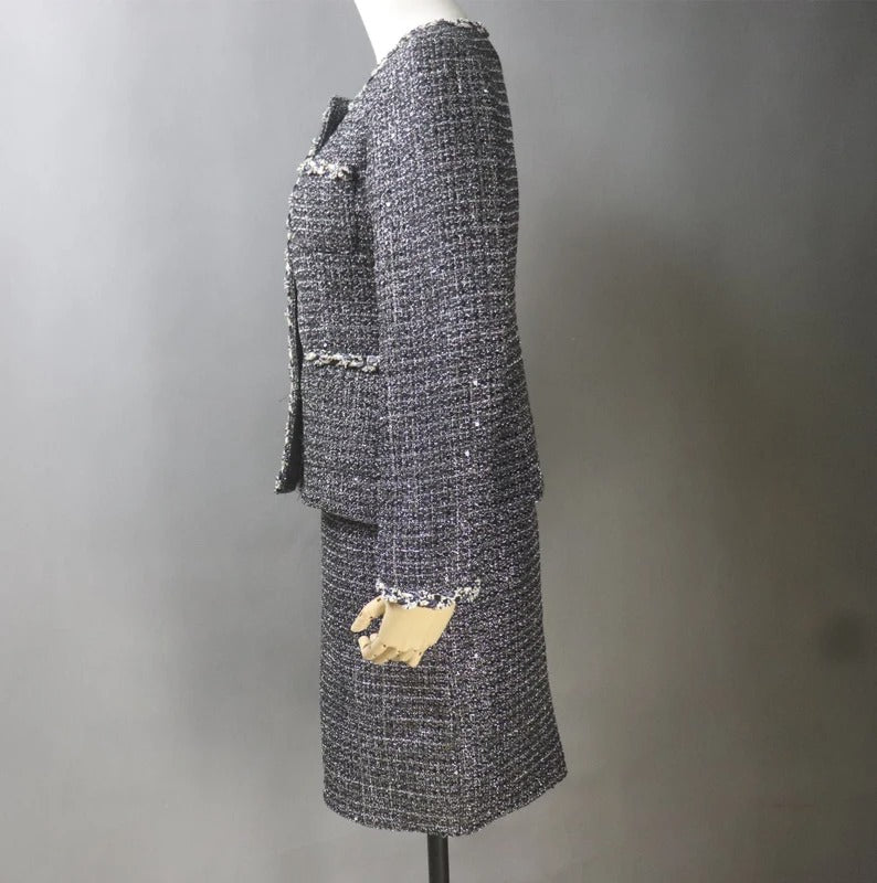Women Custom Made Tweed Dark Grey Jacket + Dress/Shorts/ Pencil Skirt Suit - Fashion Pioneer