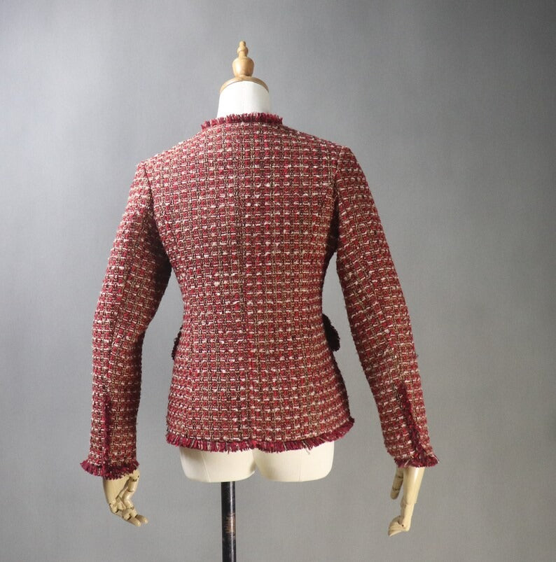 Women's HandMade Dark Red Tweed Jacket Coat Blazer UK CUSTOMER SERVICE! Women's HandMade Dark Red Tweed Jacket Coat Blazer -We offer Shorts, Skirts, Trousers for the suit. Long Sleeves with pockets, Dry Cleaning. Tailored Fit With Red tweed Detailing, Perfect For Any Smart Casual Or Formal Occasion.