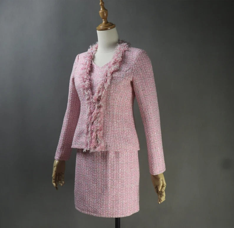 Women Custom Made Tweed Pink Colour Tassel Fringe Dress (more than 10% discount) - We are happy to make as per customer size like Oversized, Plus Size, Extra Size, Perfect body measure ,Small size ,Large size. Our tailor will make perfect Tweed fabric for you. This is all season dress, can wear for outside, weddings , ceremony, Events and functions.