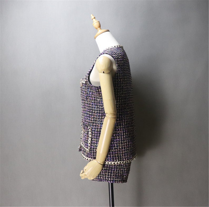 Women's Designer gilet Asymmetric Trim Pockets Tweed Vest + Shorts - Fashion Pioneer