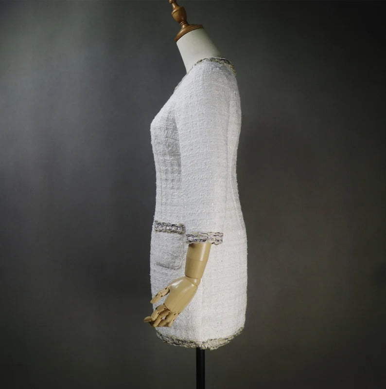 This white tweed dress is perfect for any formal occasions such as wedding, graduation, interviews, business meetings, Daily office wear. Dry Cleaning. The midi length and round-neck gives this pencil fashionable dress a classic and timeless shape, making the baggy trendy pretty dressing gown versatile for various special occasions.