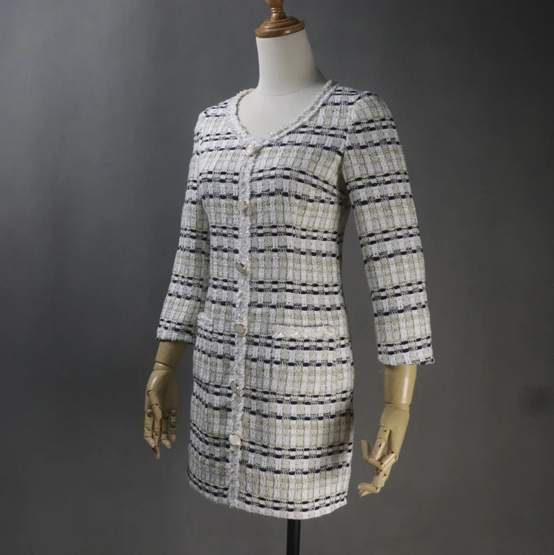 We make one for you with unique style, like no others. Can wear for business ,ceremony ,Events, and functions. You can get extra size, plus size, oversized, perfect measurement according to your shape from our tailors. This white tweed dress is perfect for any formal occasions such as wedding, graduation, interviews, business meetings, Daily office wear. Dry Cleaning. The midi length and round-neck gives this pencil fashionable dress a classic and timeless shape,
