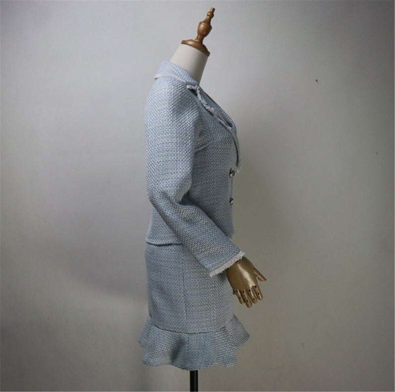 Womens Designer Inspired Custom Made Tweed Short Blazer + Fishtail Mermaid Skirt Suit