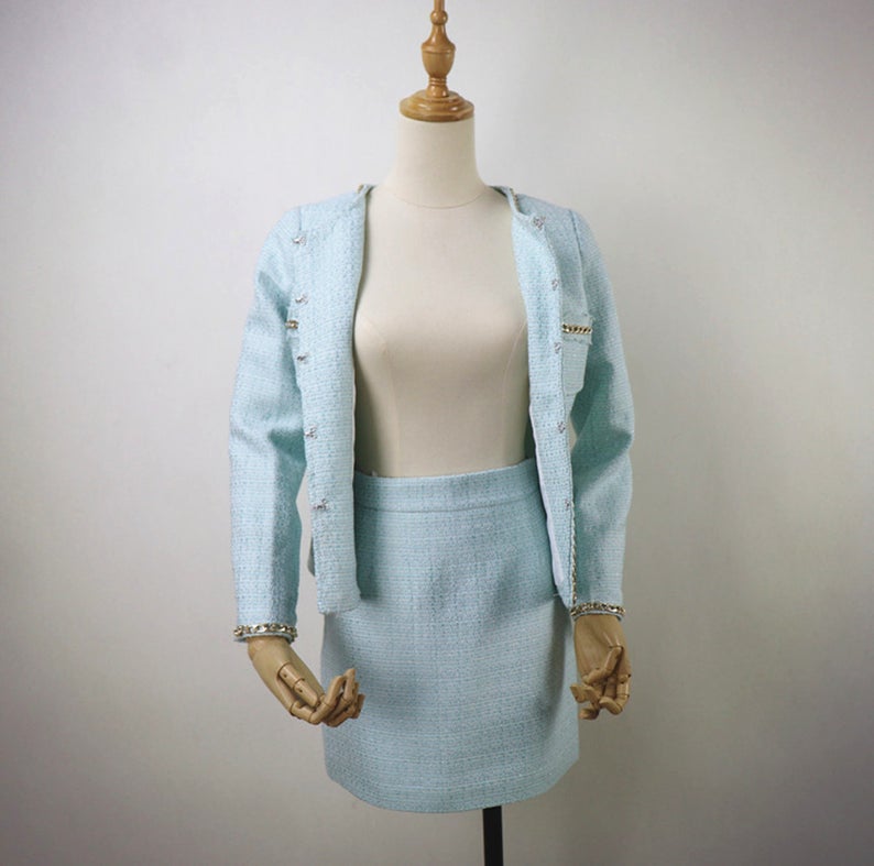 Tailor Made Suits for Women Chain Decoration Tweed Blazer + Skirt Suit - Sky Blue suit and skit with round neck and chain decorated for arm and pocket. We customize everything according to your measurements because we want to make sure your suit fits you perfectly. We create garments that are a perfect fit and deliver it to your door.