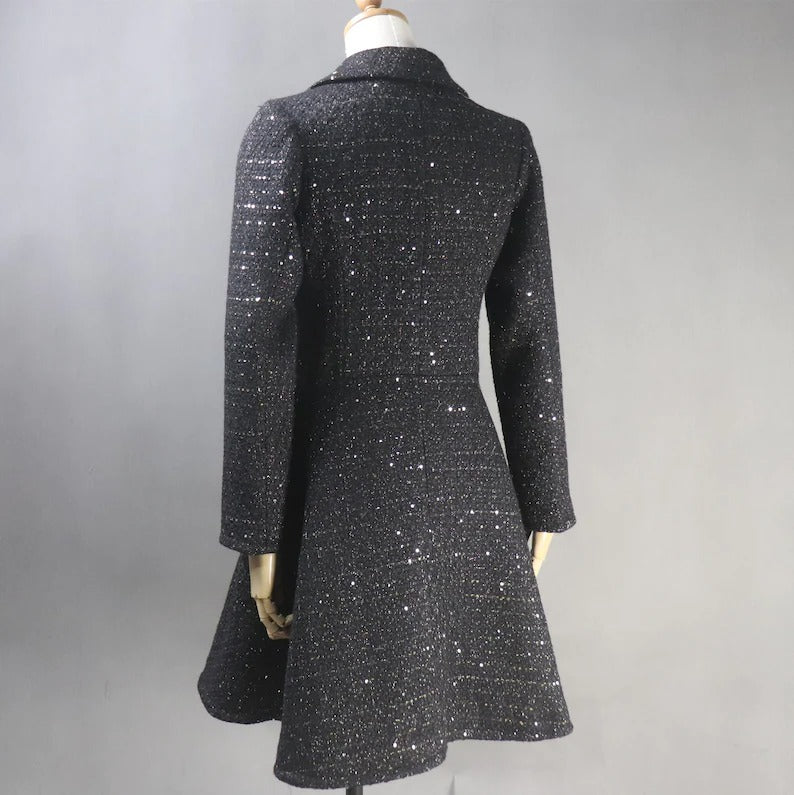 Black Sequinned Flare Tweed Long Warm For Womens. Long Winter Coat,Black Winter Coat,Sequinned Long Coat,Sequin Winter long Coat,Sequin warm long coat,Warm Long Coat,Winter Long Coat,Women Long COat for Winter,sequin long coat,sequin winter coat