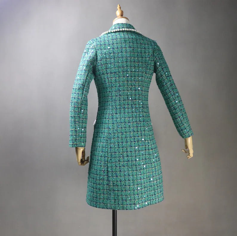 Women's Winter Tailored Sequinned Pearls Decoration Tweed Long Warm Coat - Fashion Pioneer