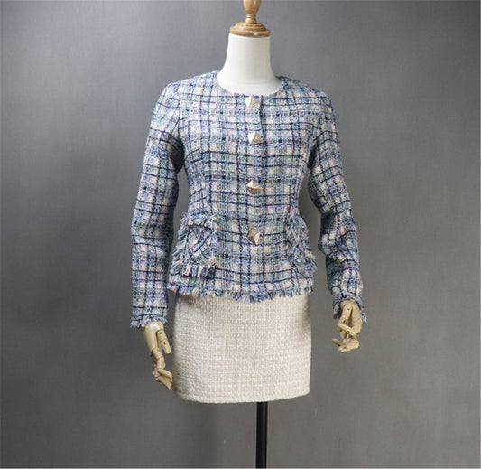 Women CUSTOM Blazer Tweed Checked Pattern Blue Jacket Coat   Quick International tracking delivery!  Women CUSTOM Blazer  Tweed Checked Pattern Blue Jacket Coat , it has Golden button with two pockets , can wear it for official use, Casual daily wear, College Inauguration ,it gives more comfort and confident to wear. Blazer for women sharply tailored and effortlessly smart.