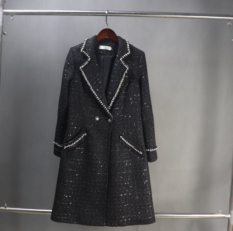 Women's Winter Tailor MADE Sequinned Long Warm Coat Black - Fashion Pioneer