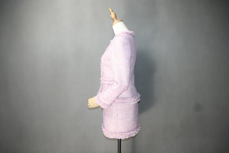 Big Pockets Custom Made Tassel Tweed Skirt Suit Pink