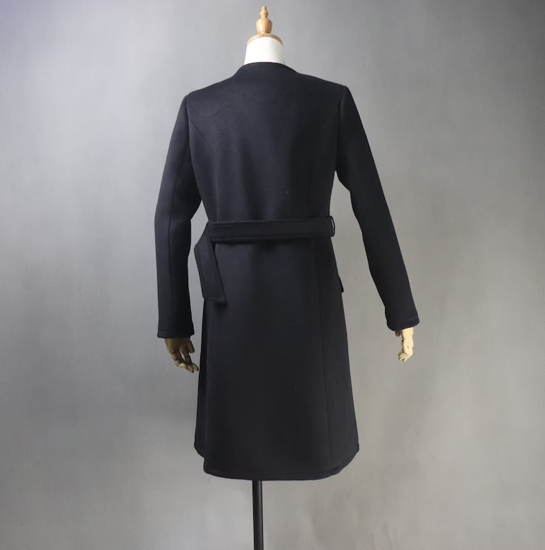 Women's Winter Tailor MADE 50% Wool Tweed Belted Long Warm Trench Coat Black - Fashion Pioneer
