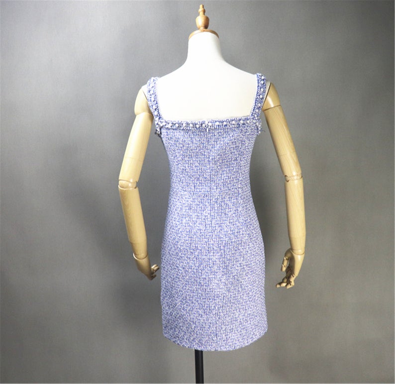 Sheath Custom Made Blue Tweed Mini/ Midi Dress UK CUSTOMER SERVICE! Sheath Custom Made Blue Tweed Mini/ Midi Dress, This sweet and simple sleeveless dress will be perfect for hot days thanks to its comfortable stylish cut and soft linen-rich texture. It has a loose cut for a casual and feminine look. You can cover with suitable jacket or cardigan or with sleeveless.