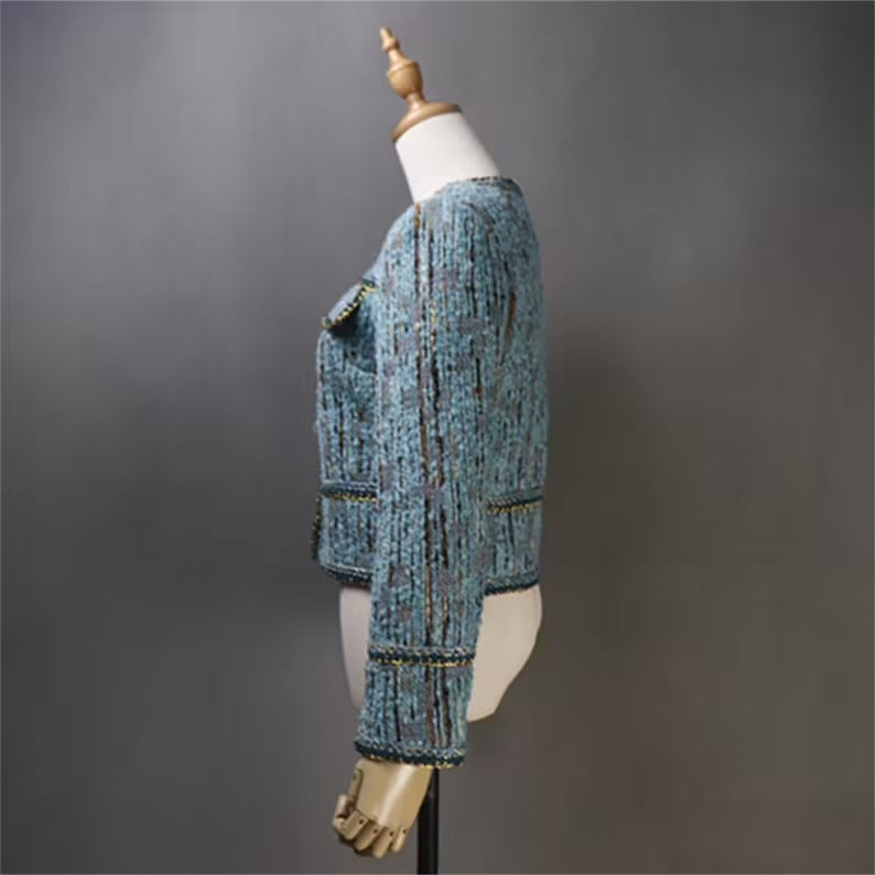 Blue Multi-Color Tweed Jacket Coat Blazer For Womens UK CUSTOMER SERVICE! Coat And Sheath dress sold separately. Blue Multi-Color Tweed Jacket Coat Blazer - We offer Shorts, Skirts, Trousers for the suit. The coat is suits to any dress like sheath dress. Our tailor will make as per customer requirement like with pocket, sleeveless, without pocket etc.