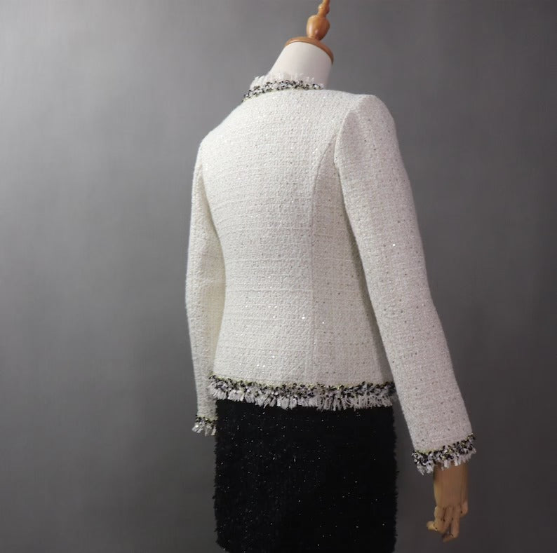 Pearl Buttons Fringe Cream Tweed Jacket Coat Blazer For Women's UK CUSTOMER SERVICE! Coat And Sheath dress sold separately. Pearl Buttons Fringe Cream Tweed Jacket Coat Blazer - We offer Shorts, Skirts, Trousers for the suit. The coat is suits to any dress like sheath dress. Pearl buttons with tassel design. Our tailor will make as per customer requirement like with pocket, sleeveless, without pocket etc.