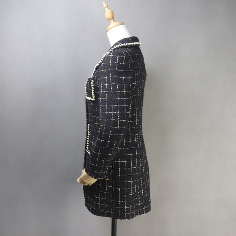 Tailor Made Tweed Pearls Black Checked Blazer Mid Length / Long Coat for Women UK CUSTOMER SERVICE! Tailor Made Tweed Pearls Black Checked Blazer Mid Length / Long Sequinned Coat for Women, can worn for ceremony, inauguration and official use. Its no machine washable, dry cleaning and feel more comfort to wear.
