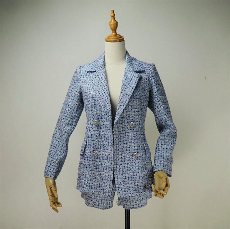 Custom Made Check Pattern Blue Tweed Blazer + Skirt/Shorts Suit