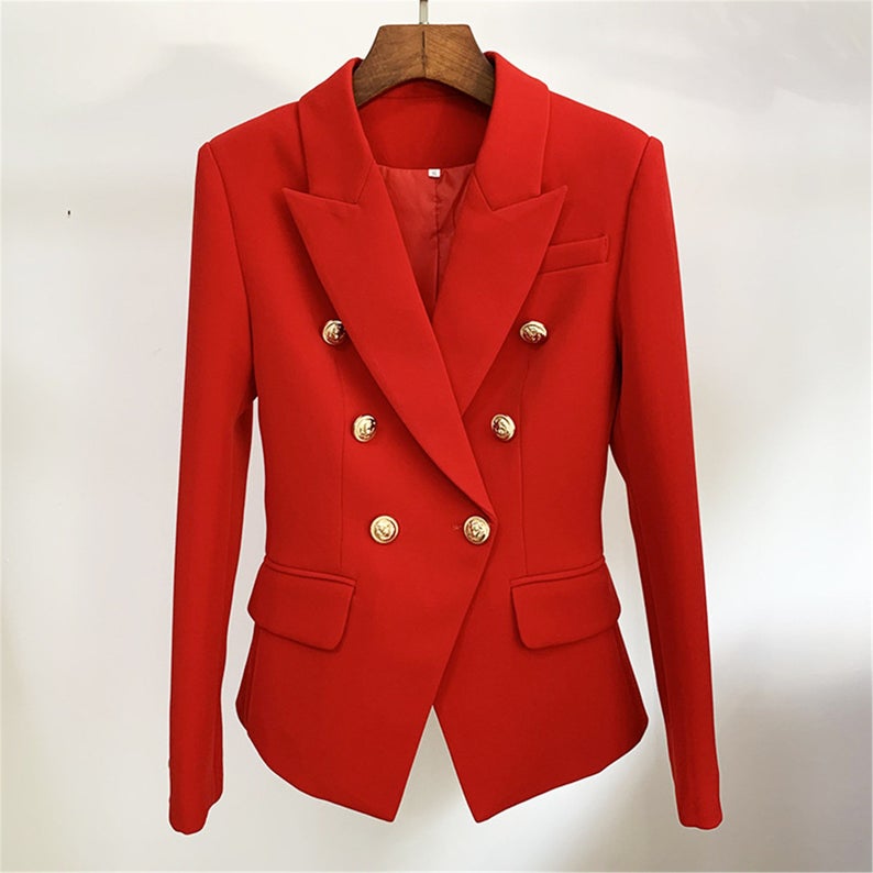 Women's Luxury Fitted Blazer Golden Lion Buttons Coat red UK CUSTOMER SERVICE! Women's Luxury Fitted Blazer Golden Lion Buttons Coat red - Suit for spring, summer, fall and winter. Classic and Unique design will make you look more charming when you dress it in any professional occasion. The Blazer fitted jacket has a golden button frontage with single button closure. Polyester ,Fastening: Button. Slim Fit. Long Sleeve.